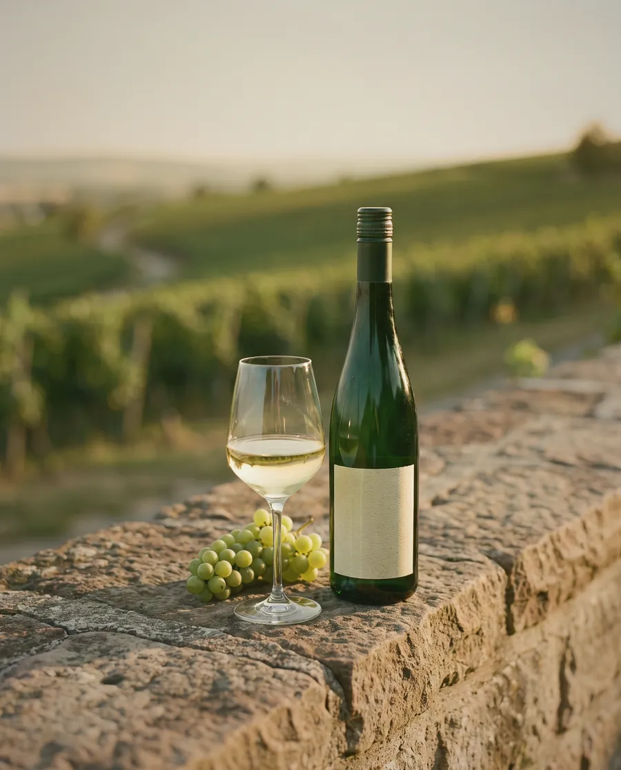 Weißweinflasche und gefülltes Glas auf einer Sandsteinmauer über den Weinbergen