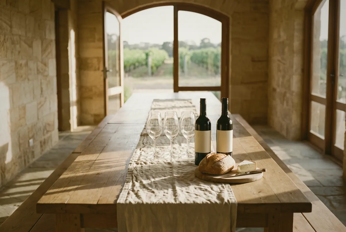 Langer Holztisch mit Gläsern, zwei Flaschen Wein und Brot in einem Gewölberaum, durch die offene Tür sieht man die Reben